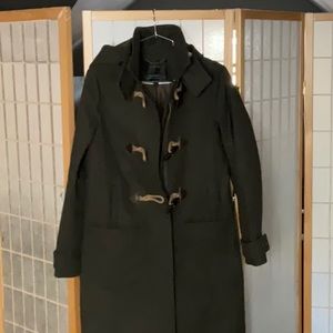 Army green, melton wool, 3/4 length toggle pea coat.  J Crew, xs,